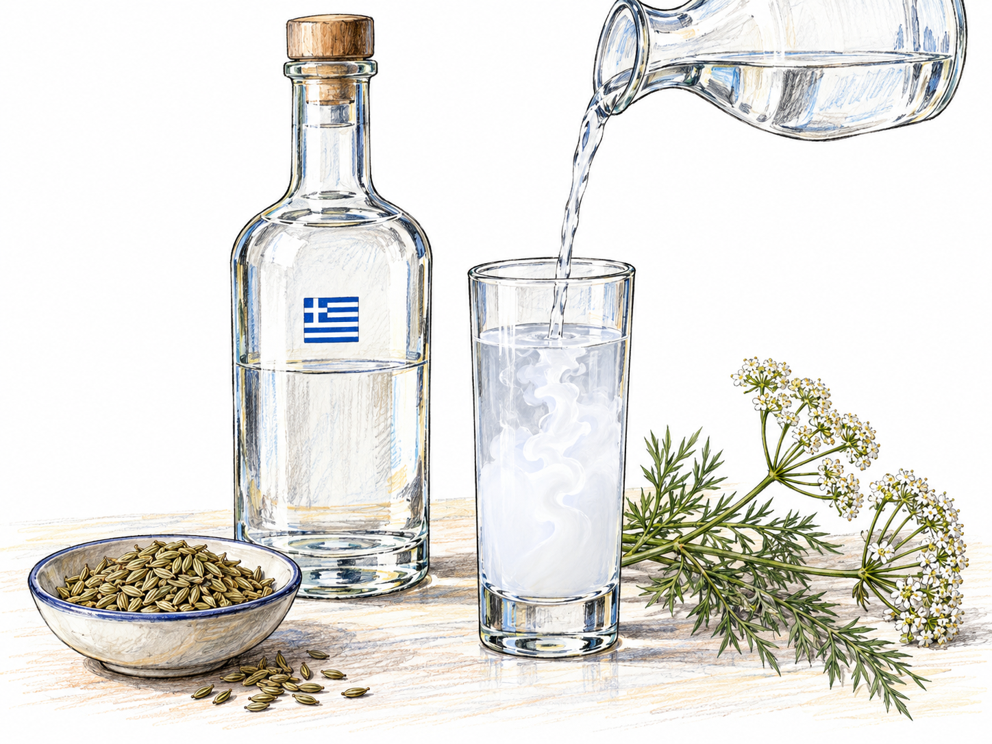 A Greek anise-spirit still life: a clear liquor bottle bearing a small Greek-flag emblem, a narrow glass turning milky as water is added, and a small dish of anise seeds with an anise sprig.