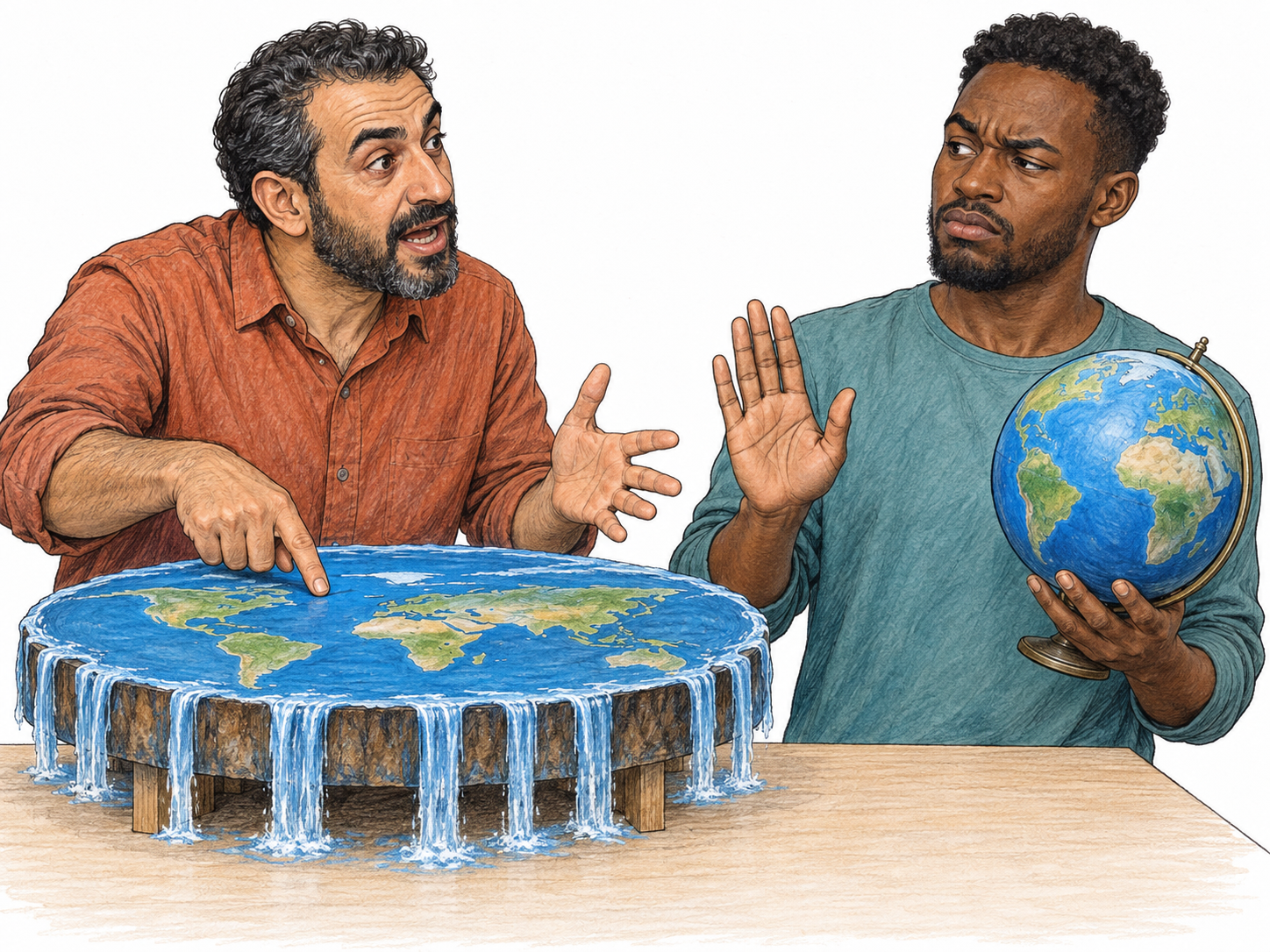 A confident speaker promotes a visibly absurd flat-Earth model while a skeptical listener holds a familiar globe and dismisses the explanation: foolish talk made concrete through its subject.