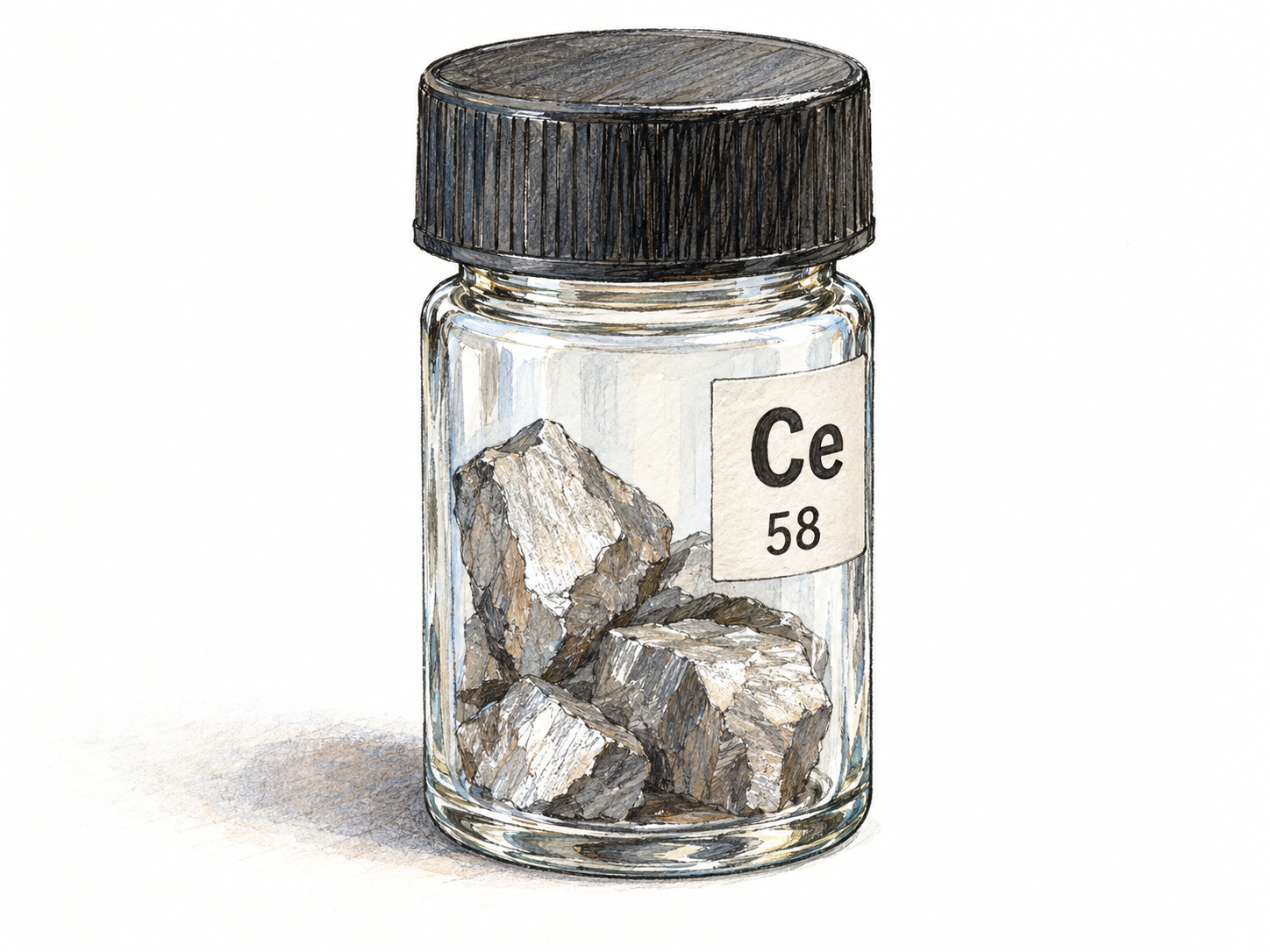 A cerium metal specimen in a clear sealed laboratory vial, with a minimal intrinsic element label identifying the otherwise visually indistinguishable silvery metal.
