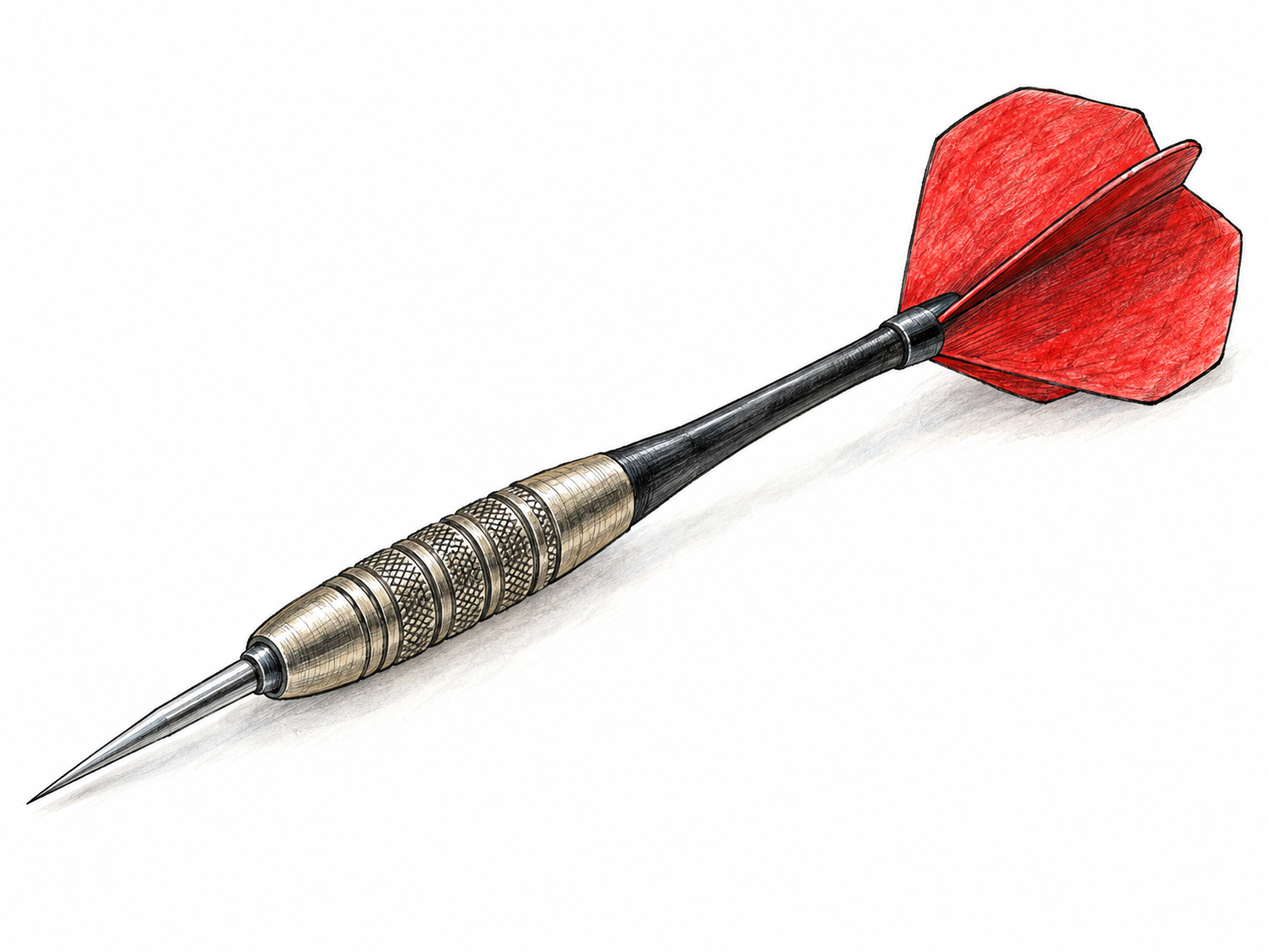 A close, isolated view of a steel-tip throwing dart, showing its sharp point, short weighted barrel, slim shaft and colored flights.