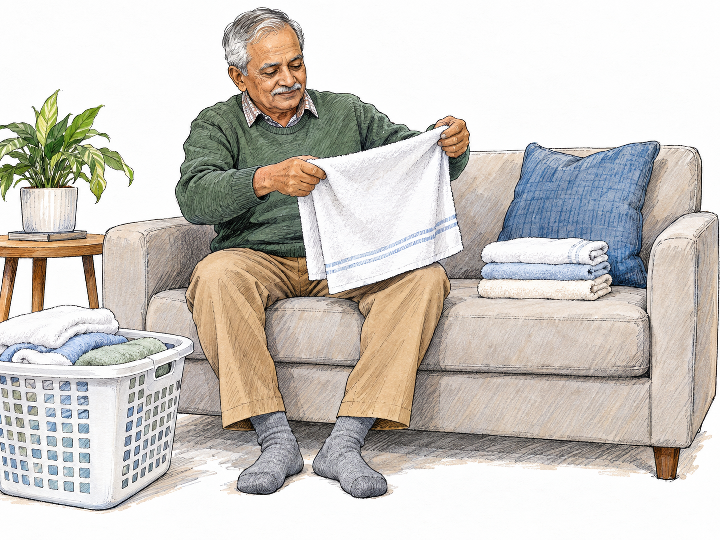 An older man folding household laundry in a modest living room, making the home-related sense of domestic concrete through an ordinary household task.