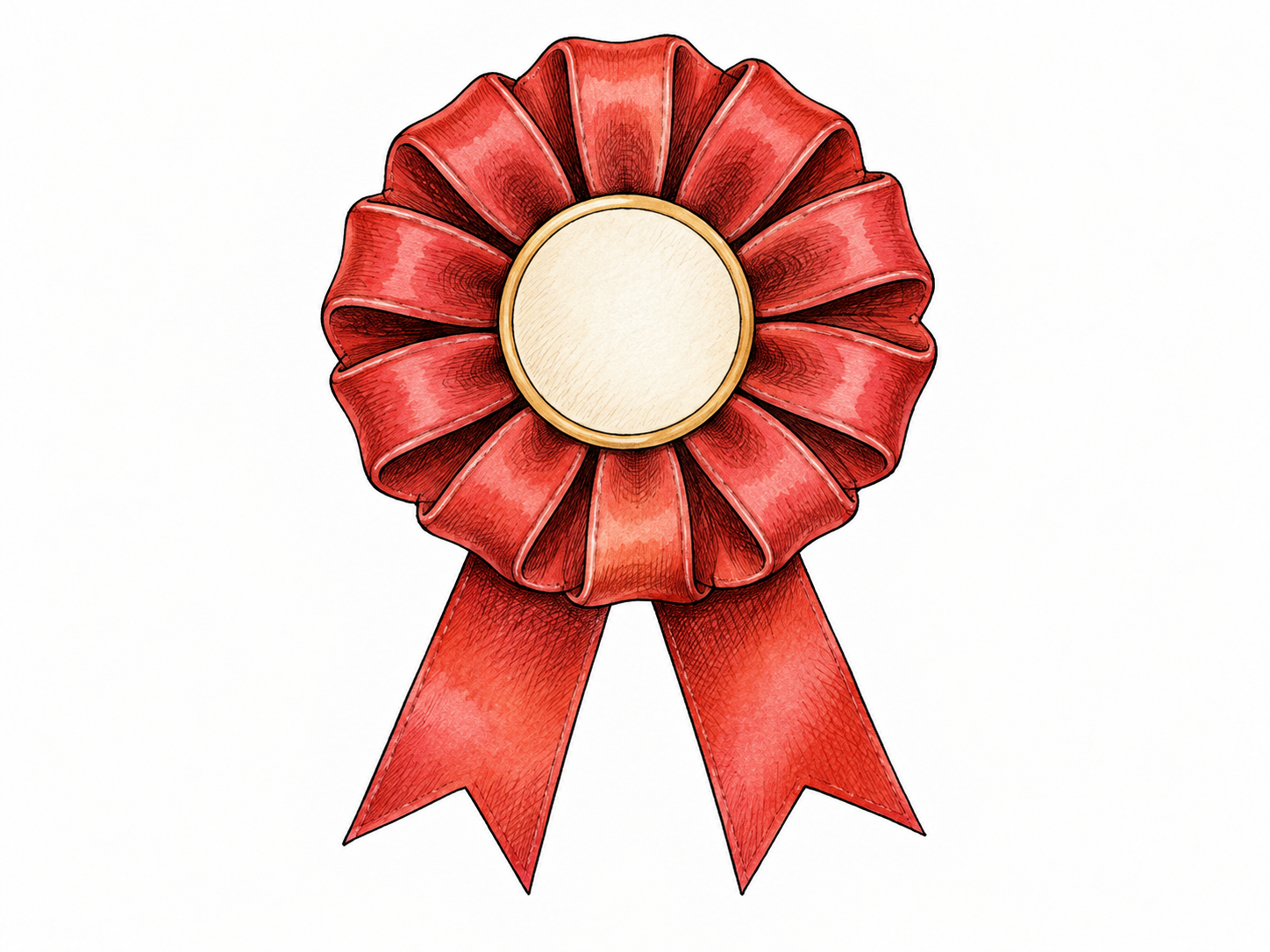 A decorative ribbon rosette with folded petals radiating around a plain circular center, short ribbon tails, rose-like shape and no lettering.