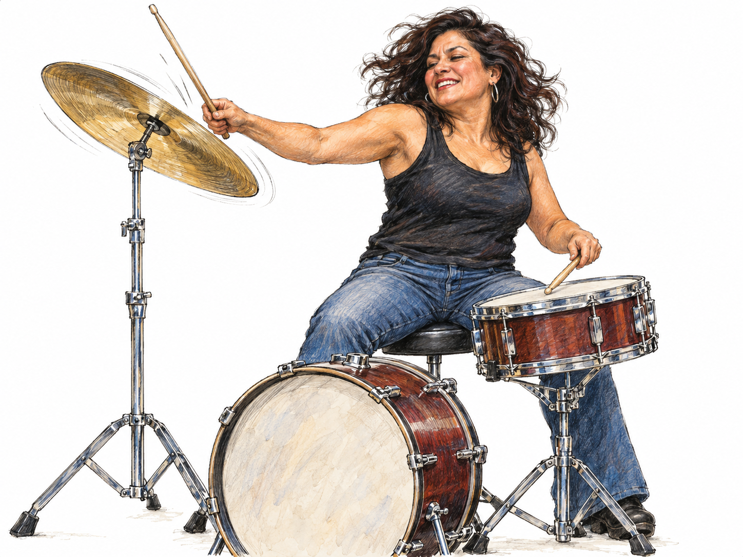 A drummer delivers a forceful, exuberant cymbal strike: strong posture, a rebounding drumstick, and a visibly flexing cymbal convey energy and lively impact.