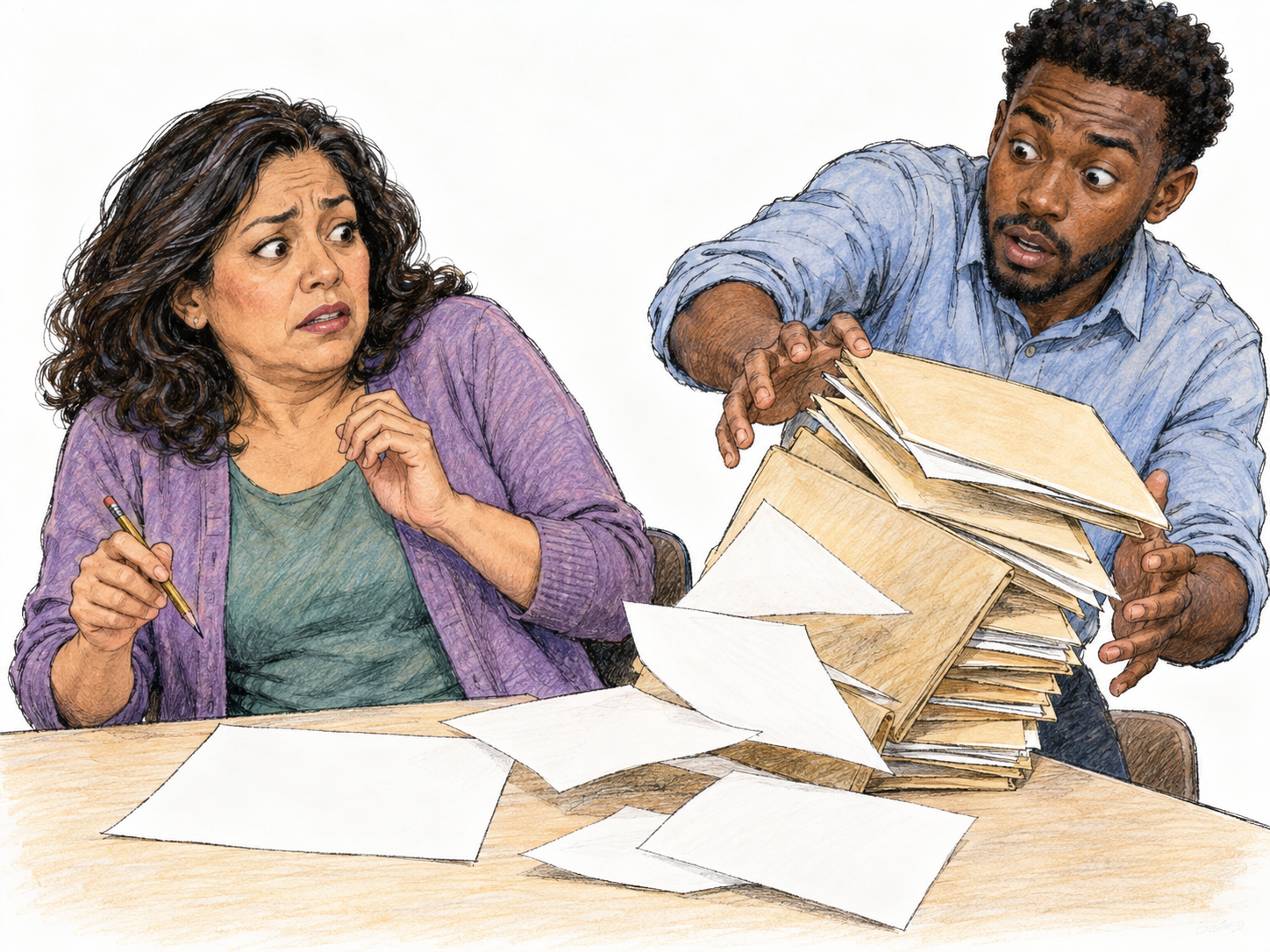 A colleague accidentally knocks over a tall stack of work folders beside a woman who is drawing.