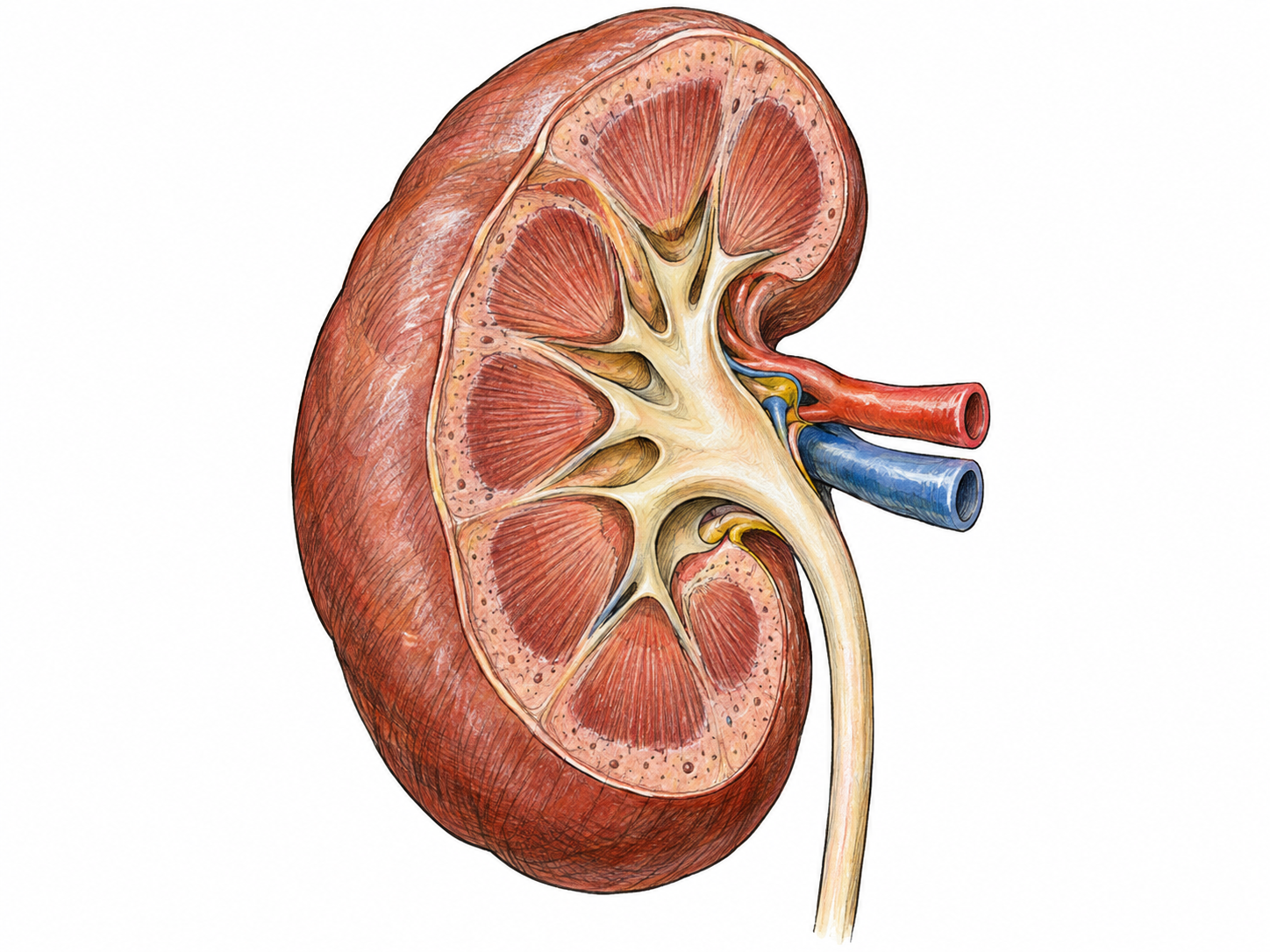 A single human kidney in a clear anatomical cutaway, showing its bean-shaped exterior, internal filtering tissue, blood vessels and urine-draining ureter.