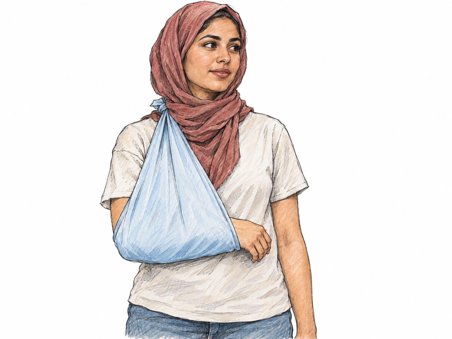 A young adult woman wears a simple cloth arm sling, clearly showing the fabric supporting her bent forearm and hanging from her neck.