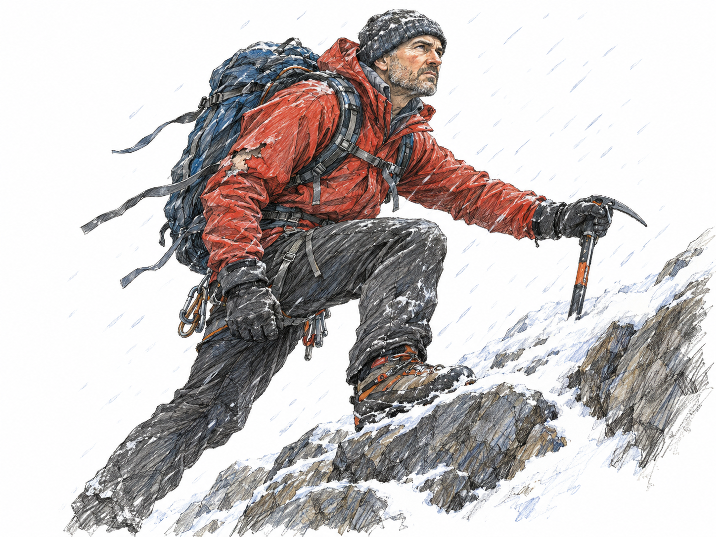A resolute mountaineer continues ascending a steep rocky slope into fierce wind and sleet, planting his boot firmly on the next ledge despite visibly battered clothing.