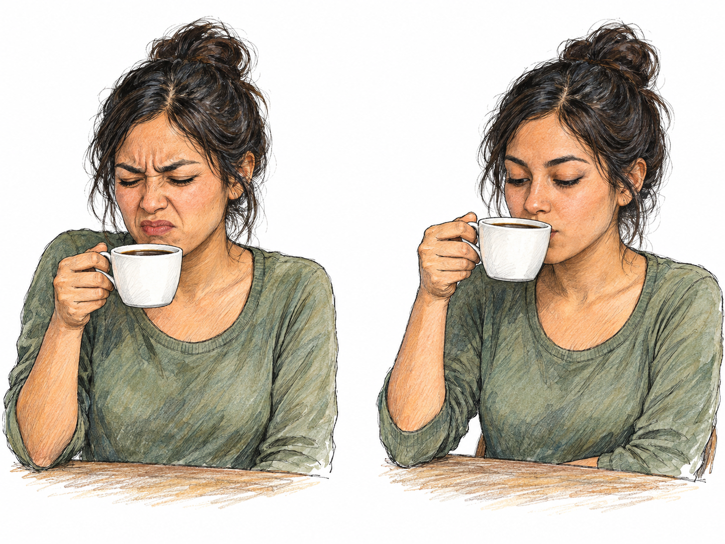 Two small sequential vignettes show the same woman becoming accustomed to bitter black coffee: first she winces after a sip, then she drinks it calmly.