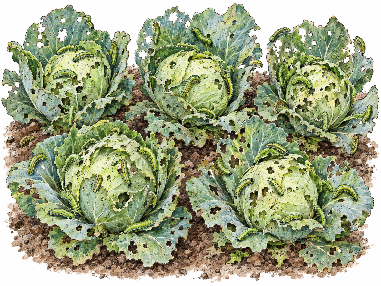 A cabbage patch rife with caterpillars: pests cover every plant, and widespread chewing damage makes their abundance visibly troublesome.