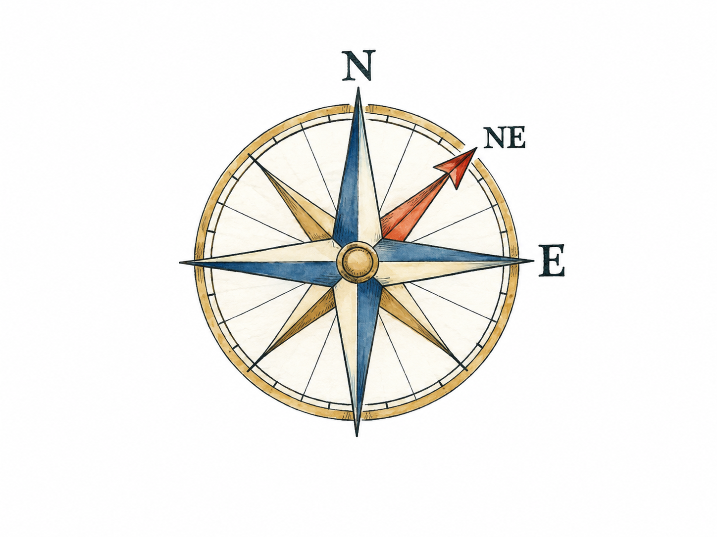 Compass rose with main arrow halfway between top and right and ONLY N E NE labels at correct positions.