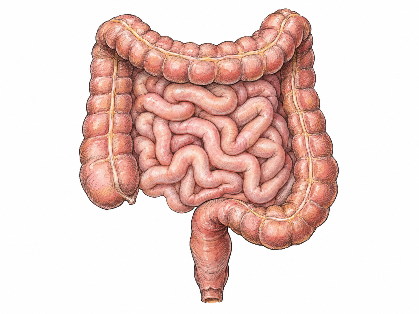An isolated anatomical illustration of the intestines: the broad large intestine frames the compact coils of the small intestine, making the bowel region immediately recognizable.