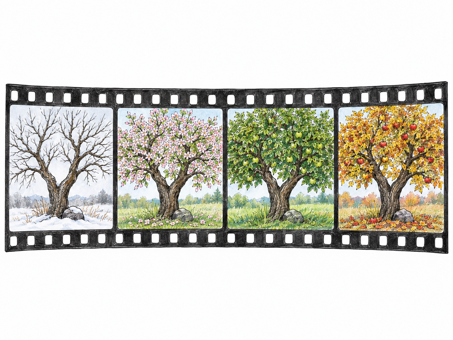 A short curling filmstrip contains four consecutive views of the same apple tree: bare branches, spring blossoms, summer foliage with small green apples, and autumn foliage with ripe red apples.
