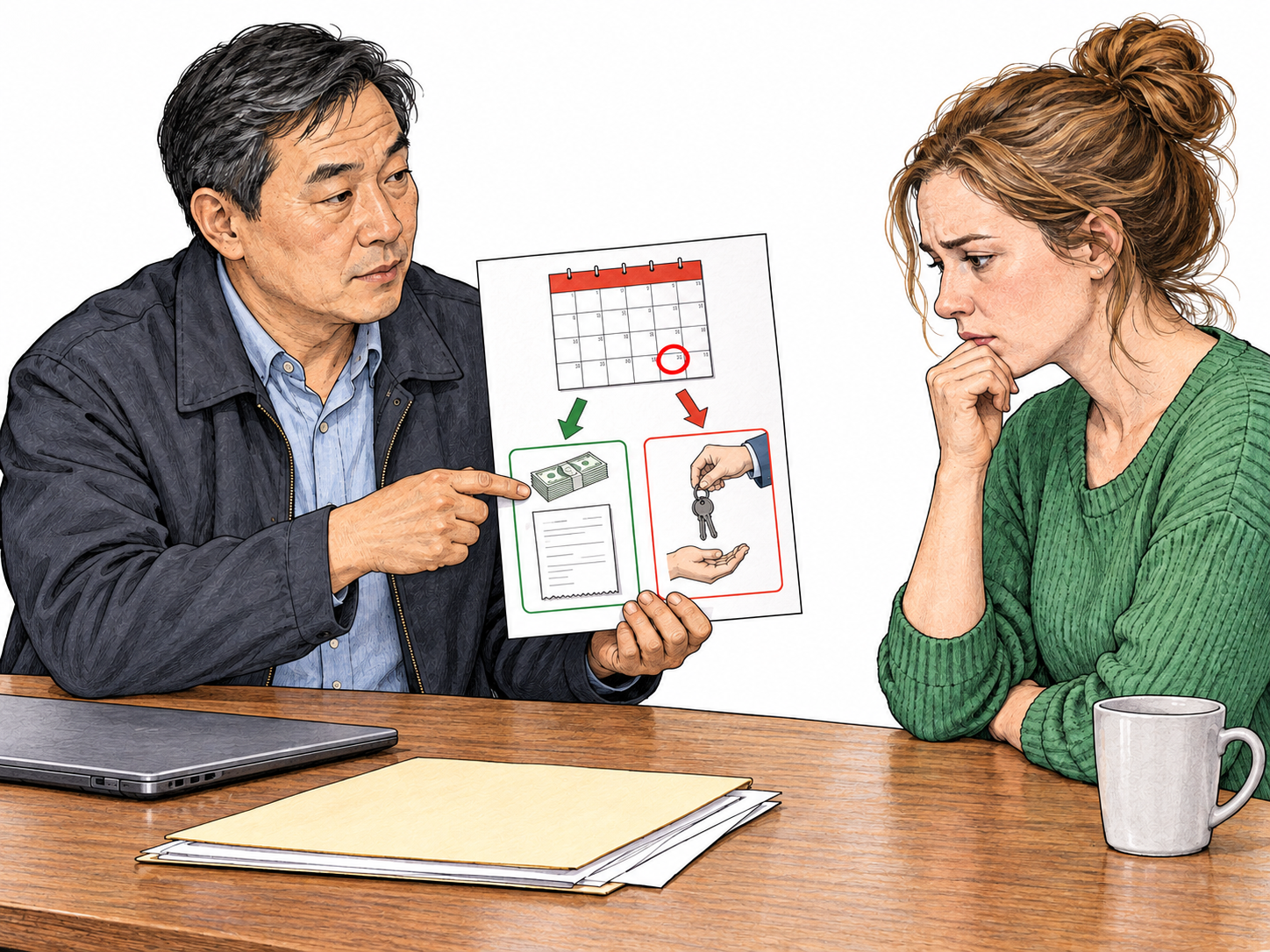 A landlord presents a final overdue-payment demand to a tenant, with a calendar deadline and a two-way pictorial choice between paid receipt and termination key return; no threats of violence, no legal wording.