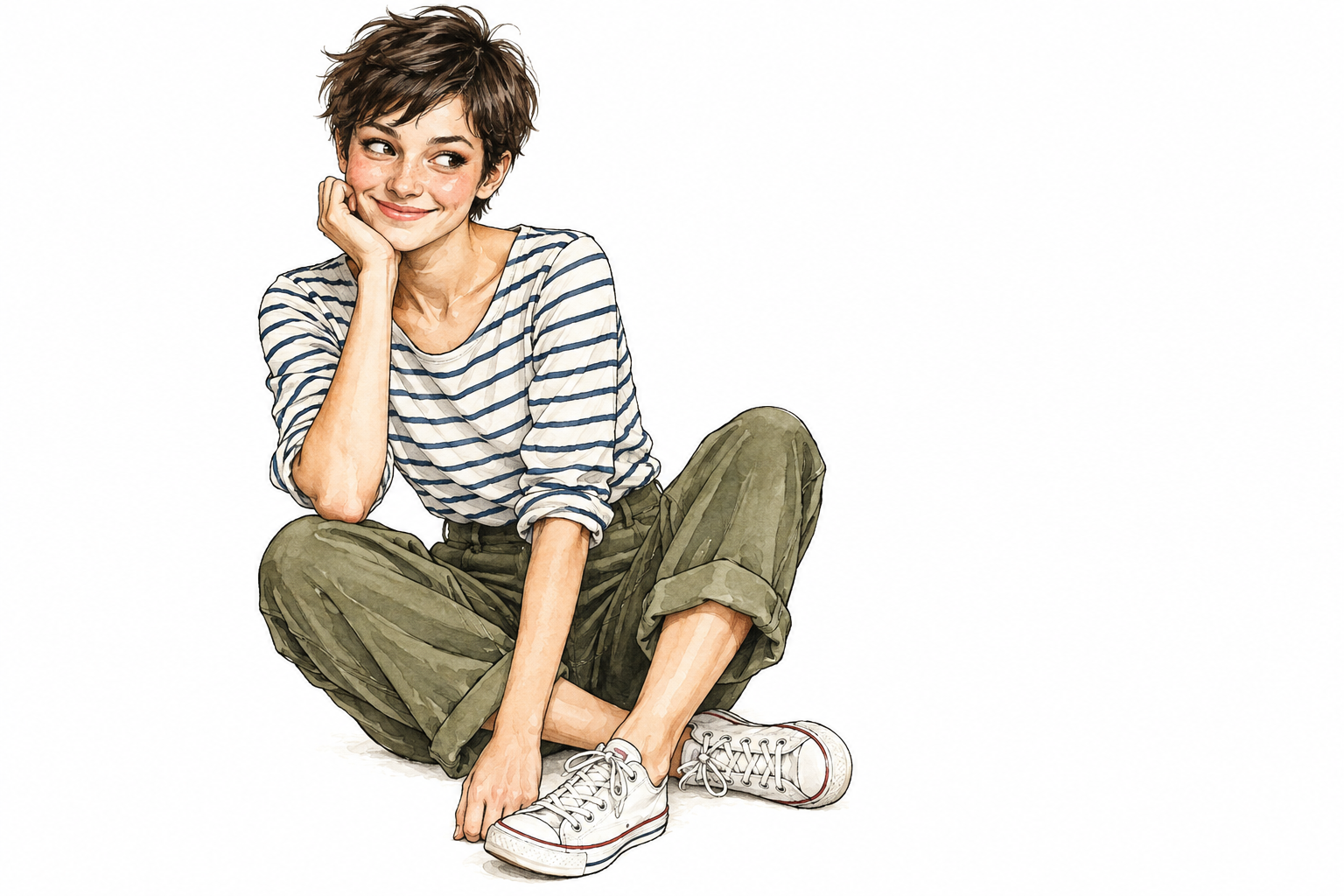 Young adult woman with short pixie hair and slim build smiles mischievously in simple striped shirt and trousers, lively candid pose.