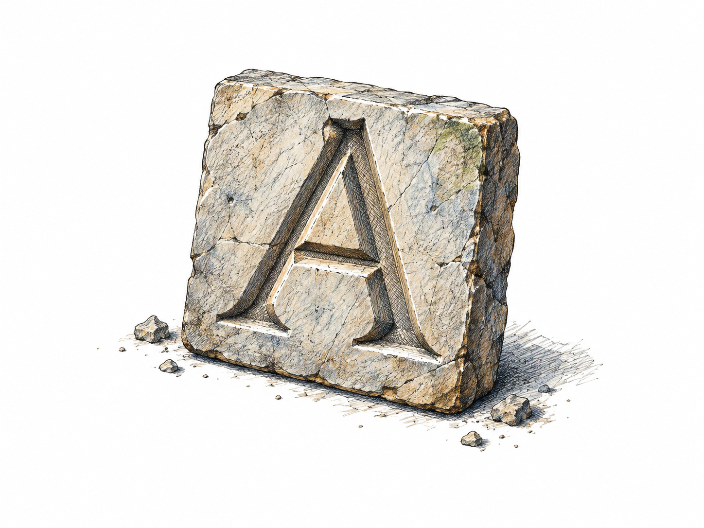 A single deeply carved capital A on a small stone tile, clear grooves and raised edges identify a carved character; only this one essential functional glyph, no other text or decoration.