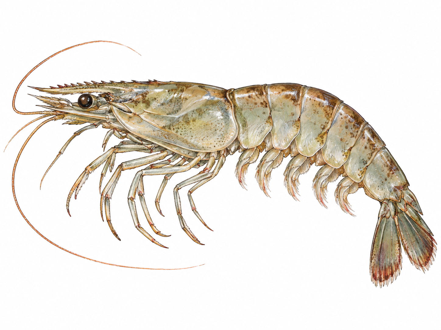 A single whole prawn in a clear side view, showing its segmented shell, long antennae, pointed rostrum, slender legs and fan-shaped tail.