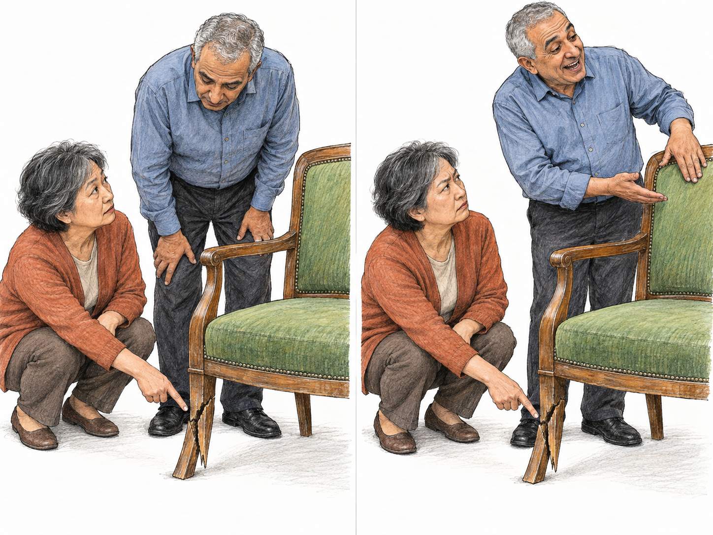 A furniture seller verbally steers a buyer away from an obvious broken chair leg by enthusiastically presenting its attractive upholstery instead.