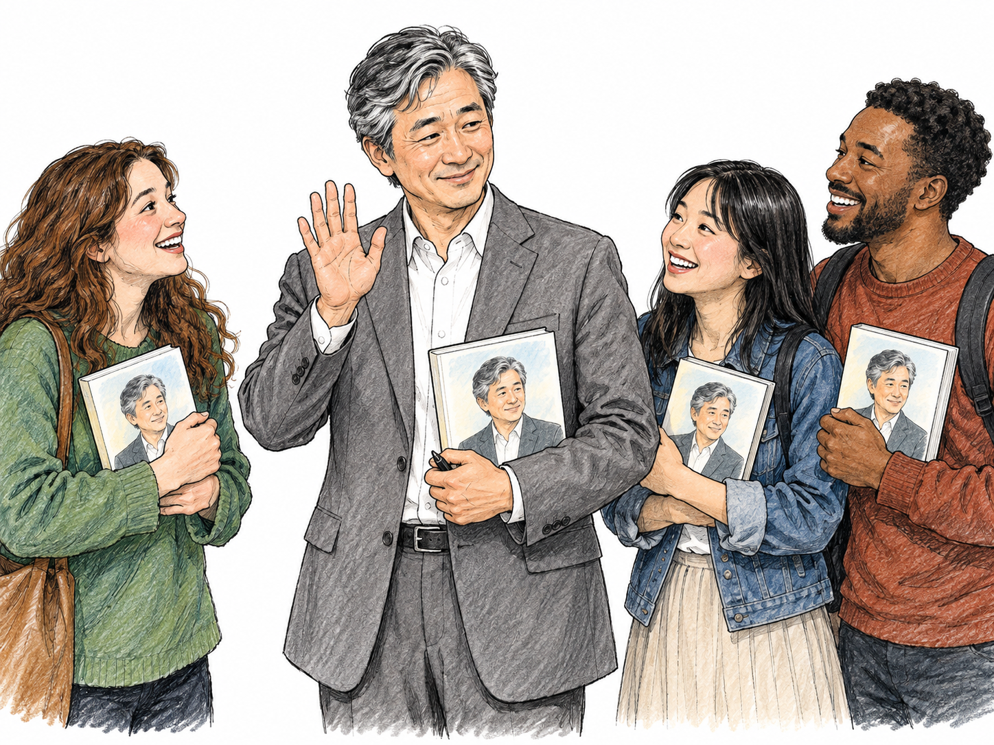 Fictional well-known author is recognized by three smiling strangers holding books with matching portrait covers but no text, he waves modestly.