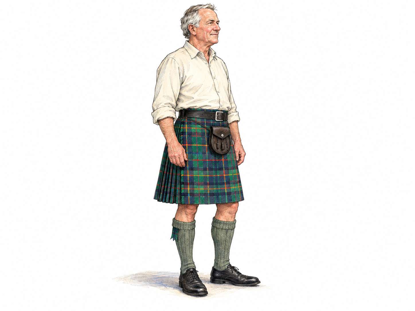 A Scottish man wearing a tartan kilt, shown full length in a three-quarter side view that clearly reveals its knee-length hem, flat front apron and folded side pleats.