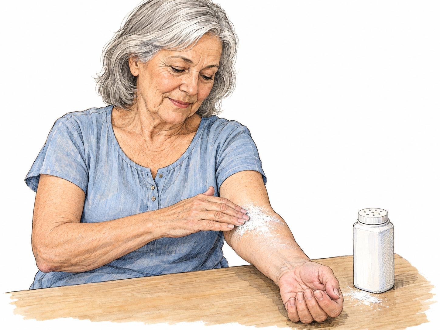 An older woman gently applies fine white body powder to her bare forearm beside an open shaker, emphasizing the powder’s use on skin.