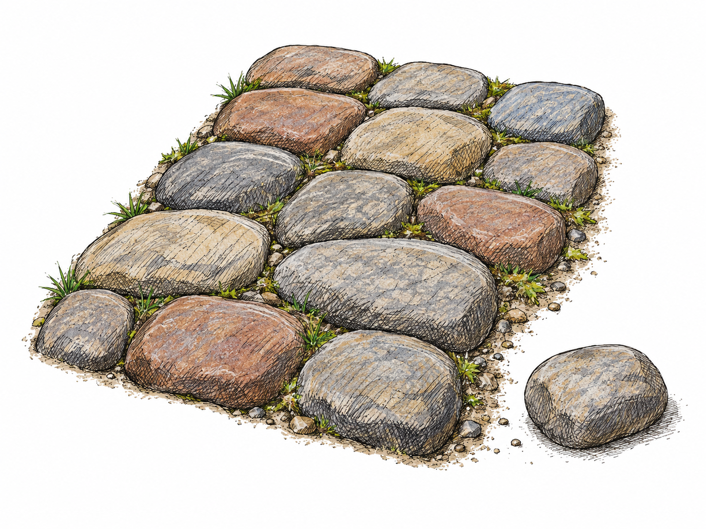 Several small rounded water-worn stones form a short patch of cobbled path, with one matching loose cobble beside the edge.