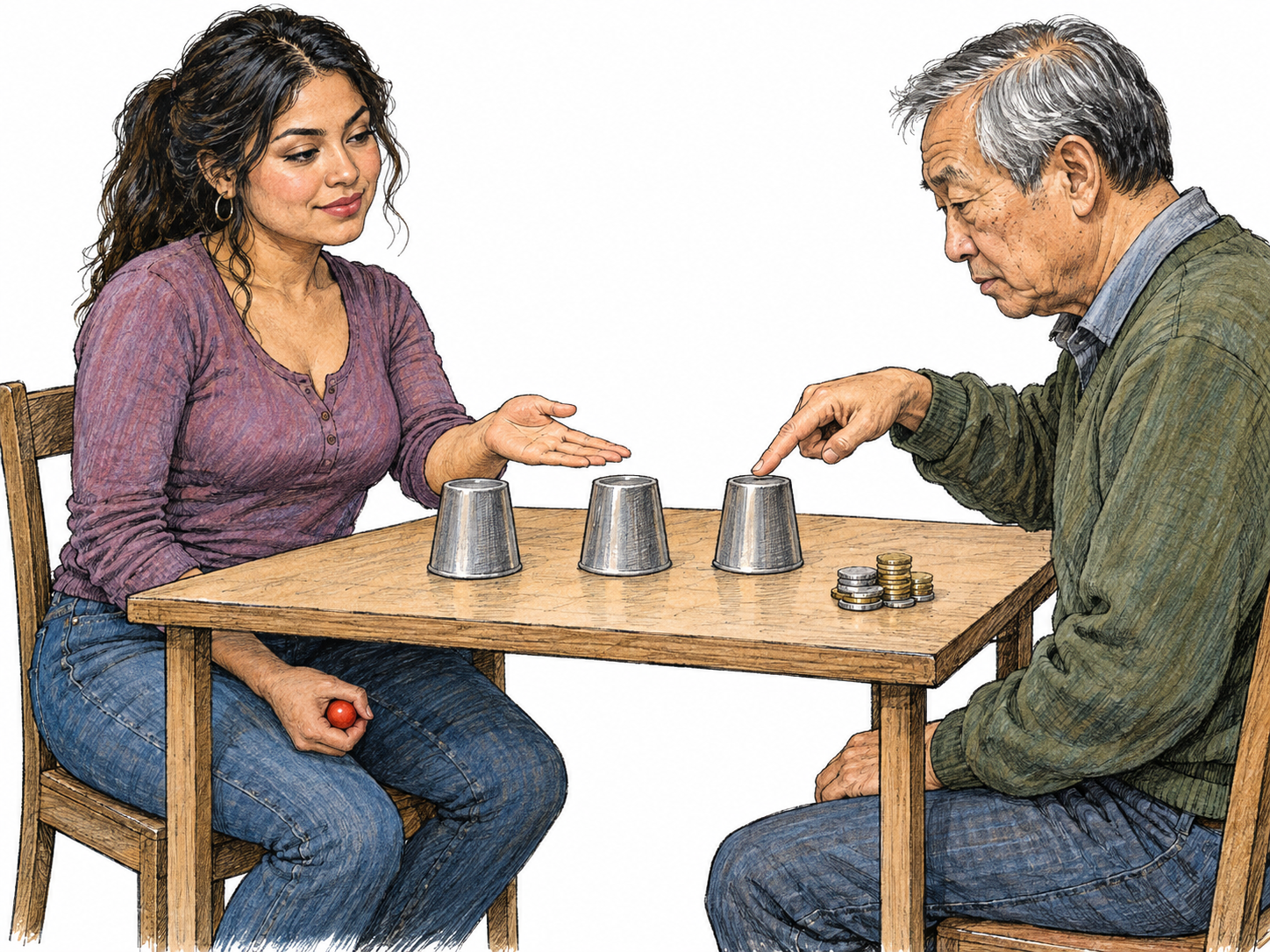 A dishonest shell-game operator invites a player to choose among three empty cups while secretly holding the missing ball below the table.