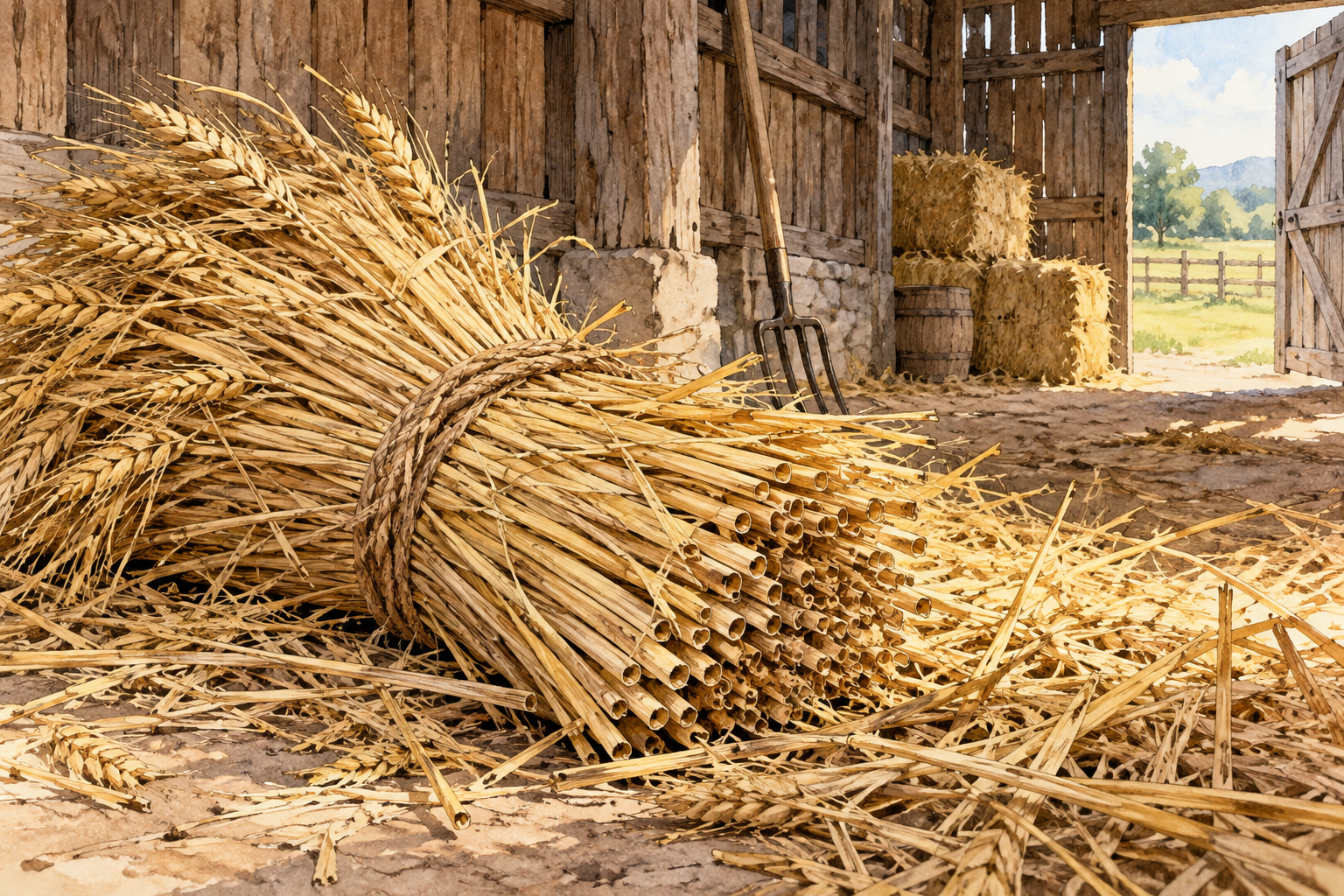 A golden bundle of dried wheat straw stalks lies beside loose scattered bedding in a barn, hollow dry stems clearly visible.