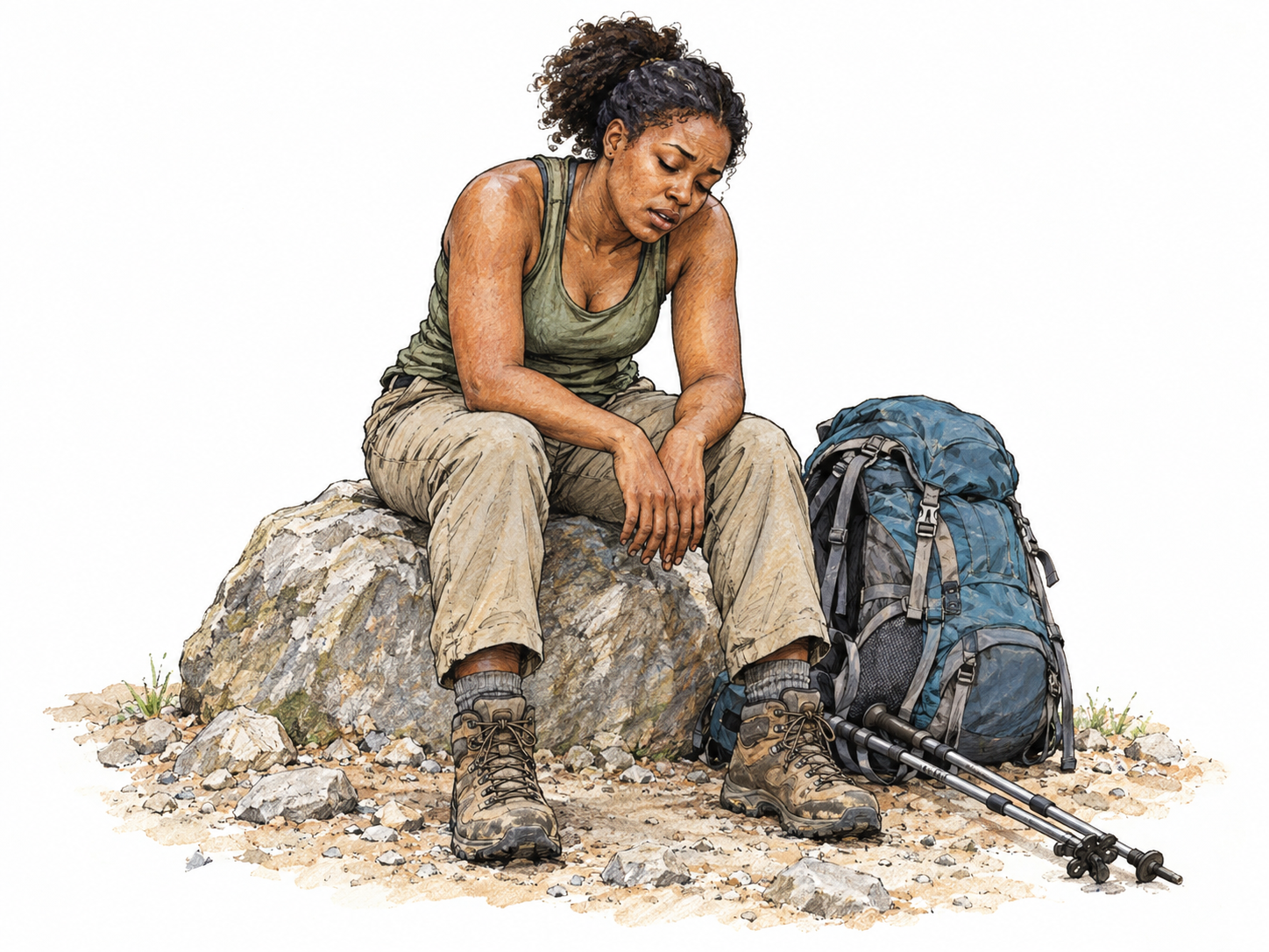 A weary hiker rests heavily on a low rock, shoulders drooping, head bowed and eyelids nearly closed, with her backpack set down beside her and trekking poles lying idle.
