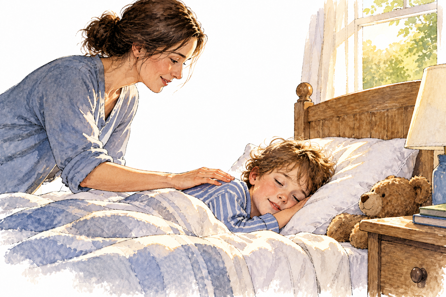 A parent gently wakens a sleeping child with a light touch on shoulder, morning sunlight, child stirring.