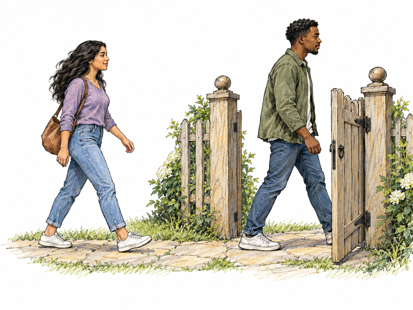 Two walkers move single file along a narrow path toward an open gate.