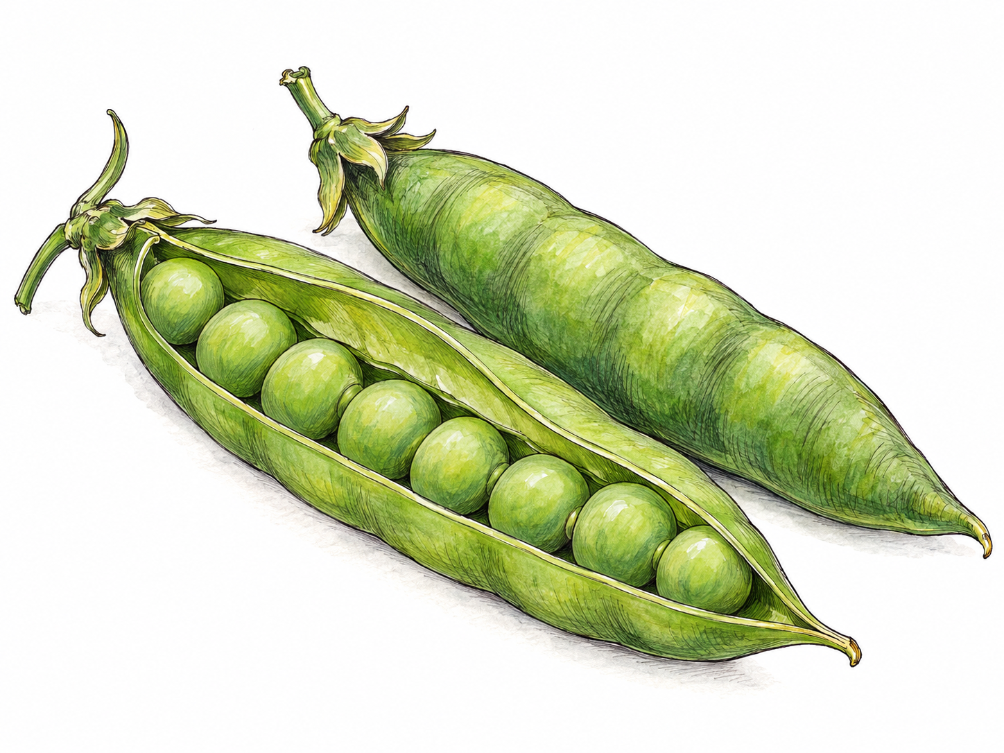 A close-up of a green pea pod split naturally along its seam, exposing a row of round peas nestled inside the elongated seed case, with one intact pod beside it.