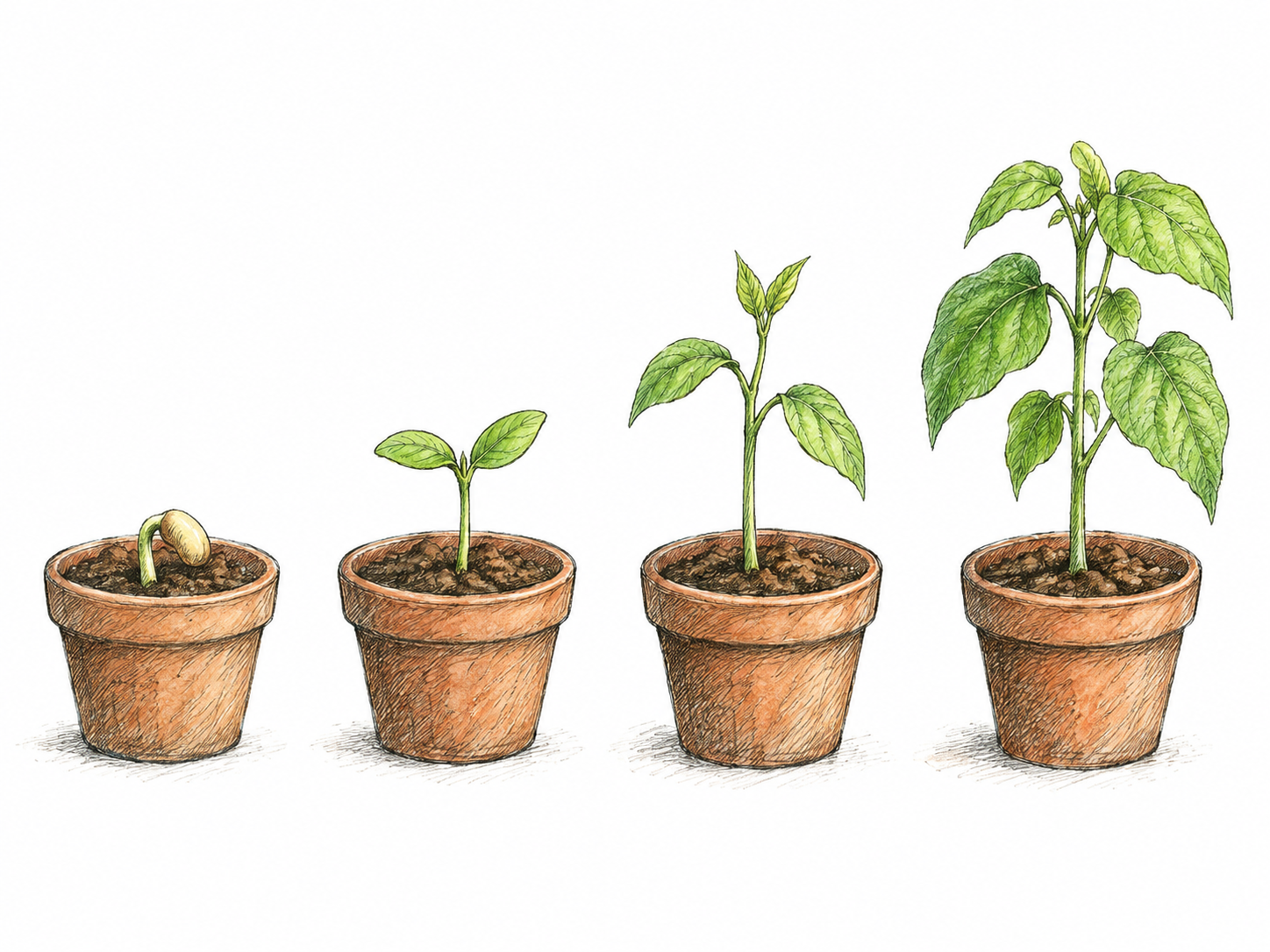 Four small pots show successive stages of the same bean plant: emerging sprout, two-leaf seedling, taller plant, leafy young plant, progressing slowly left to right.
