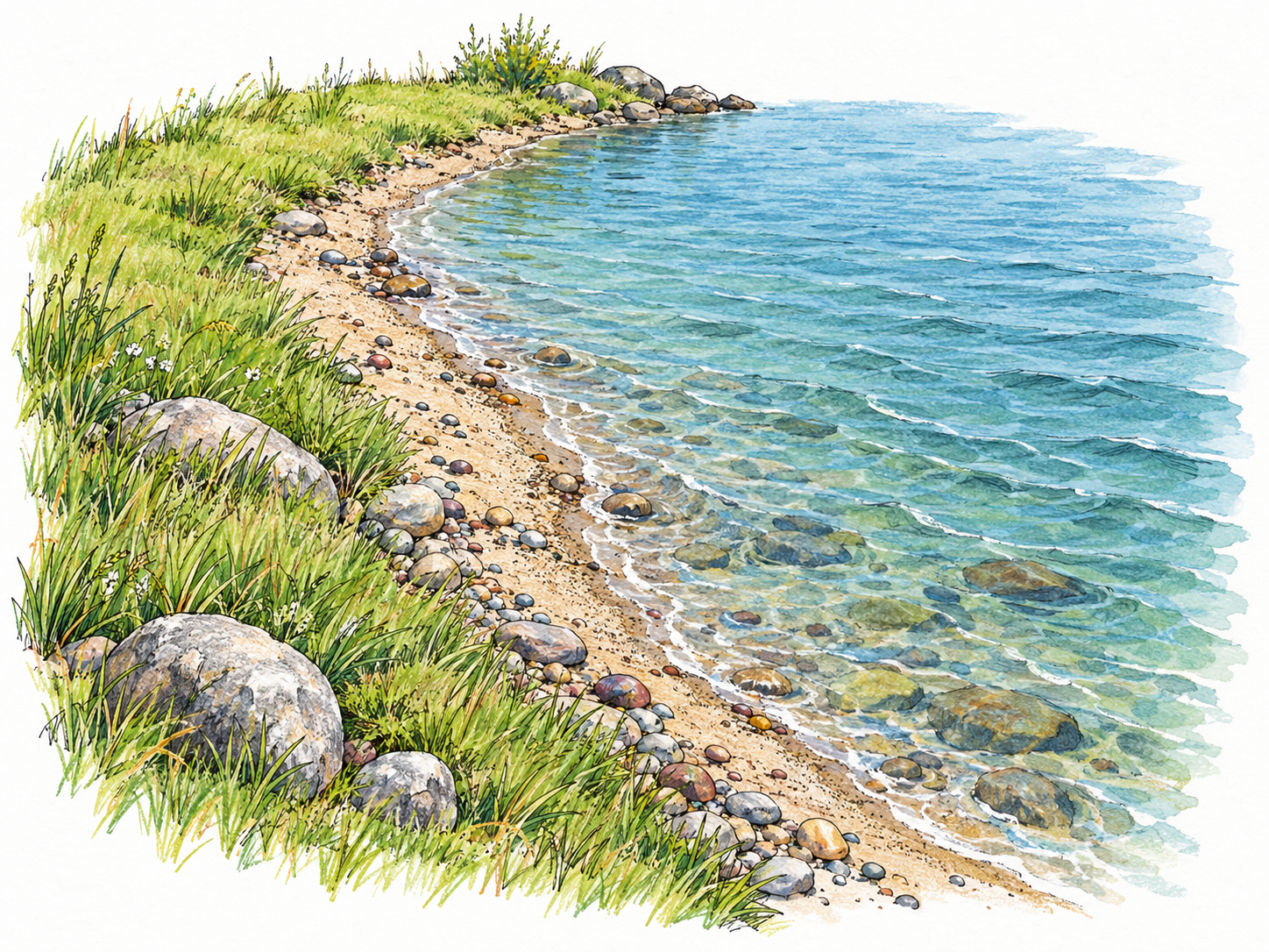 A gently curving lakeshore, with dry grassy land transitioning through a narrow pebbly strip into shallow blue-green water.