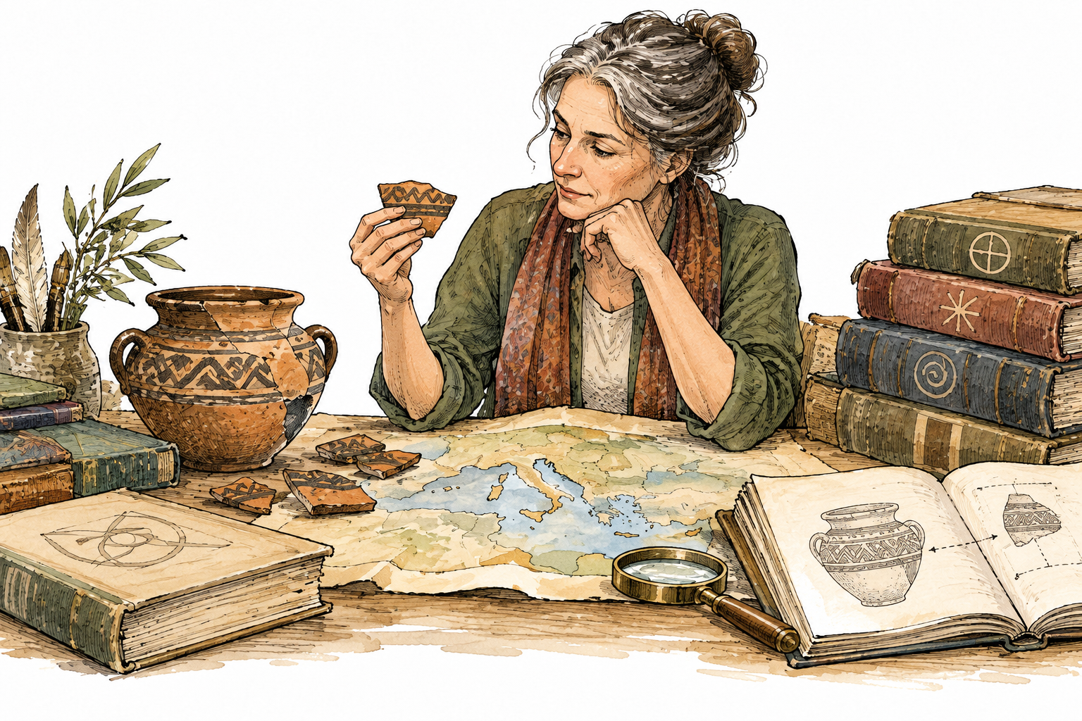 Desk of experienced female historian connecting ancient pottery, historical map without labels, and books with abstract marks, deep scholarship, no lettering.
