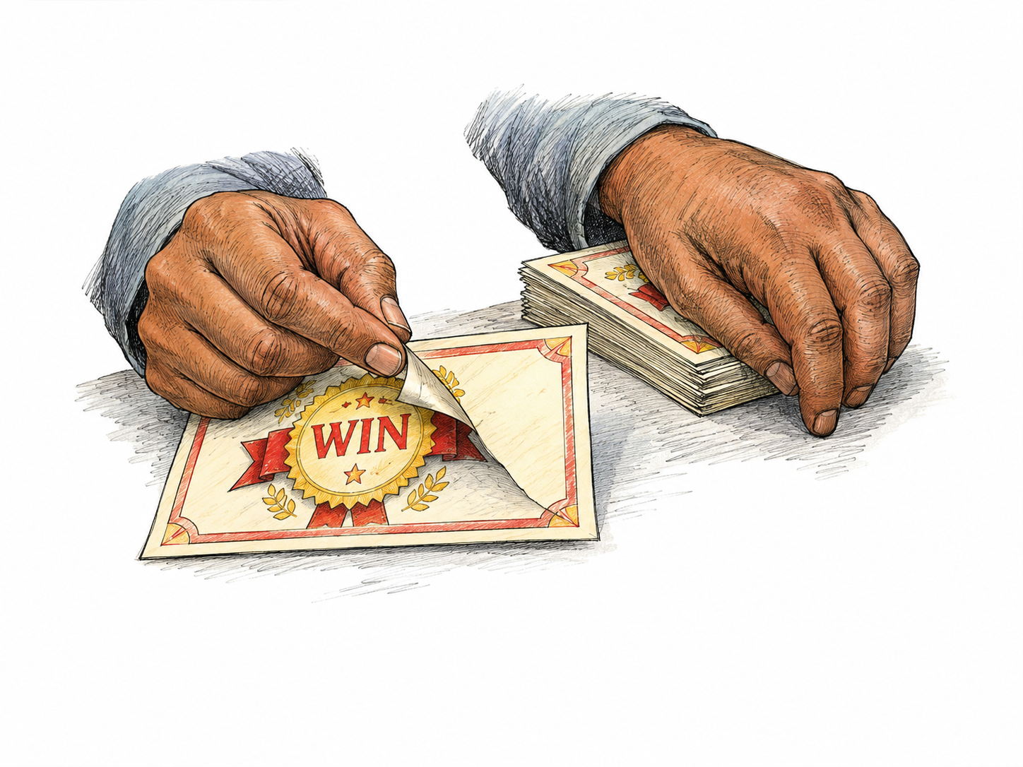 A fake prize voucher looks official at front but lifted corner reveals it is merely a pasted decorative seal over plain paper, nearby hand conceals a stack of identical fake sheets; short functional word WIN on voucher only, no money amount, URL or actionable scam instructions.