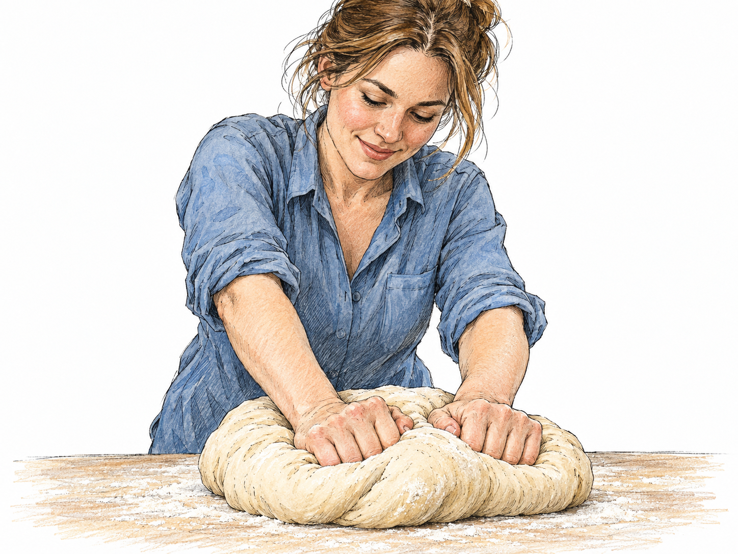 A young woman kneads bread dough on a lightly floured worktop, pressing a folded mound forward with the heels of both hands.