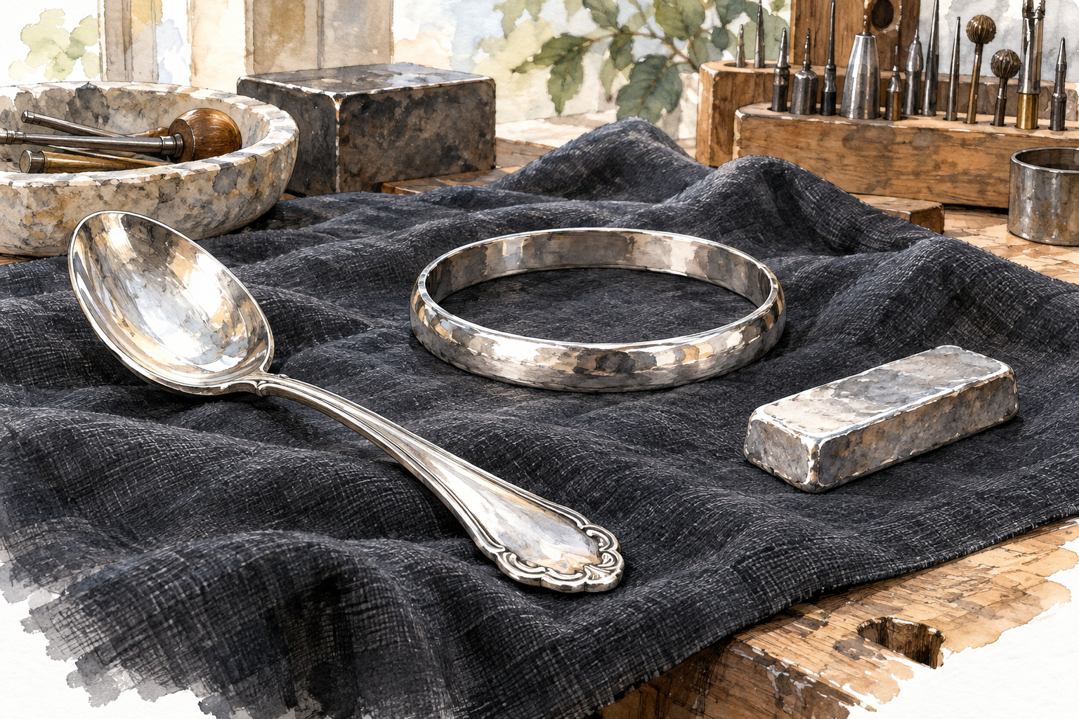A still life of solid silver objects on dark linen: a polished silver spoon, simple silver bracelet and small unmarked rectangular silver ingot.