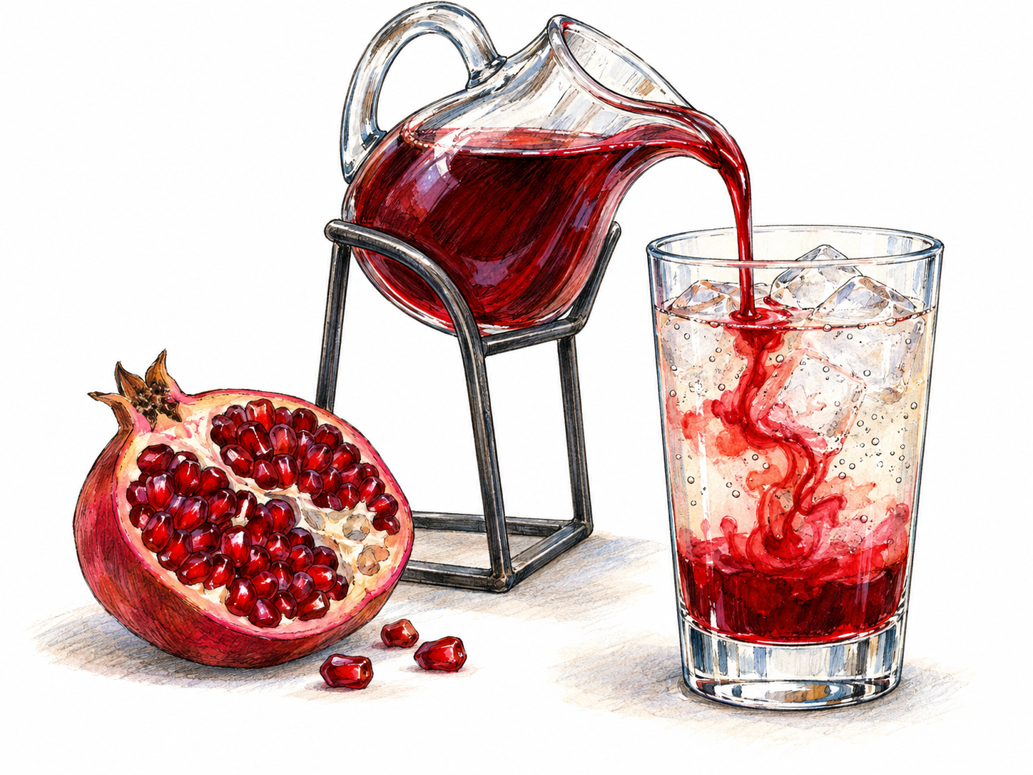 A small clear syrup pitcher pours a thick ruby-red stream into an iced drink, creating a red layer and curling red trails beneath the pale liquid.
