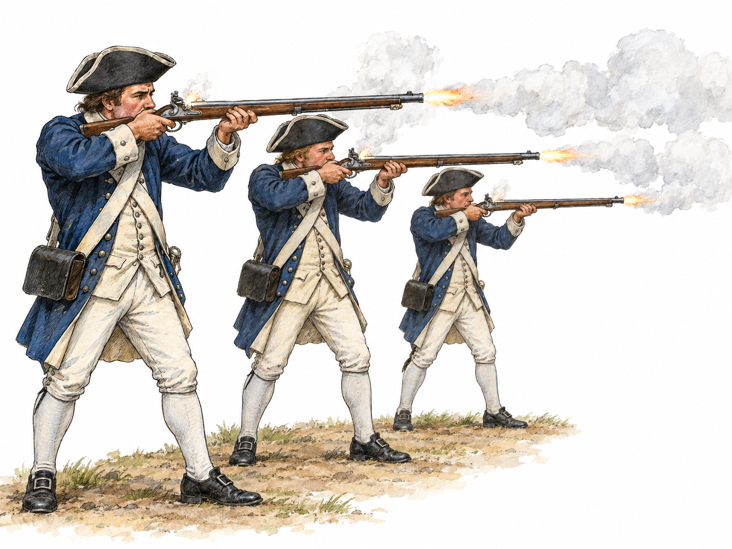 Three eighteenth-century infantry soldiers fire a coordinated musket volley, with shouldered long flintlock muskets, small muzzle flashes and billowing white powder smoke making the gunfire unmistakable.