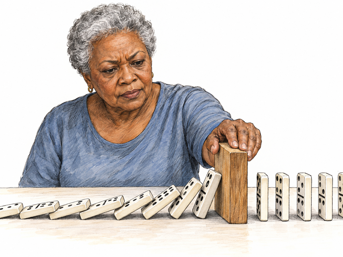 An older woman decisively stops a toppling domino chain by planting a solid block across its path; fallen dominoes end at the barrier while the remaining row stays upright.