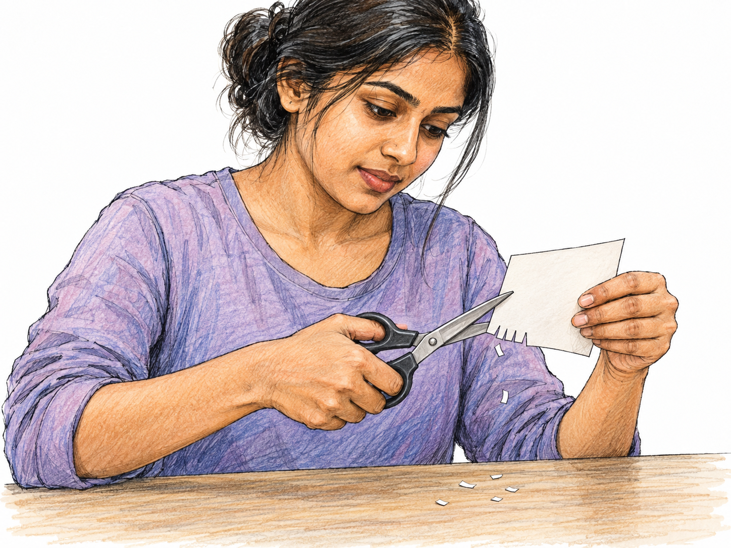 A young adult South Asian woman makes short, quick snips along the edge of plain paper, with small freshly cut scraps falling onto a bare tabletop.