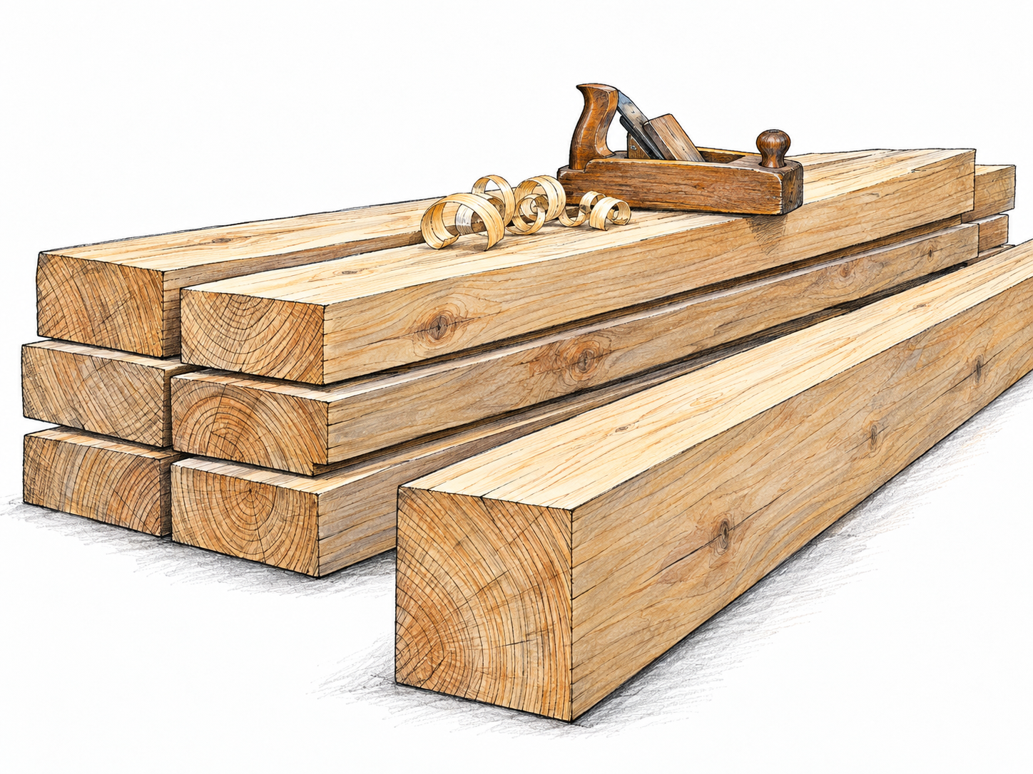 A neat stack of squared wooden beams and sawn planks, with one beam projecting forward to reveal its clean-cut end grain.