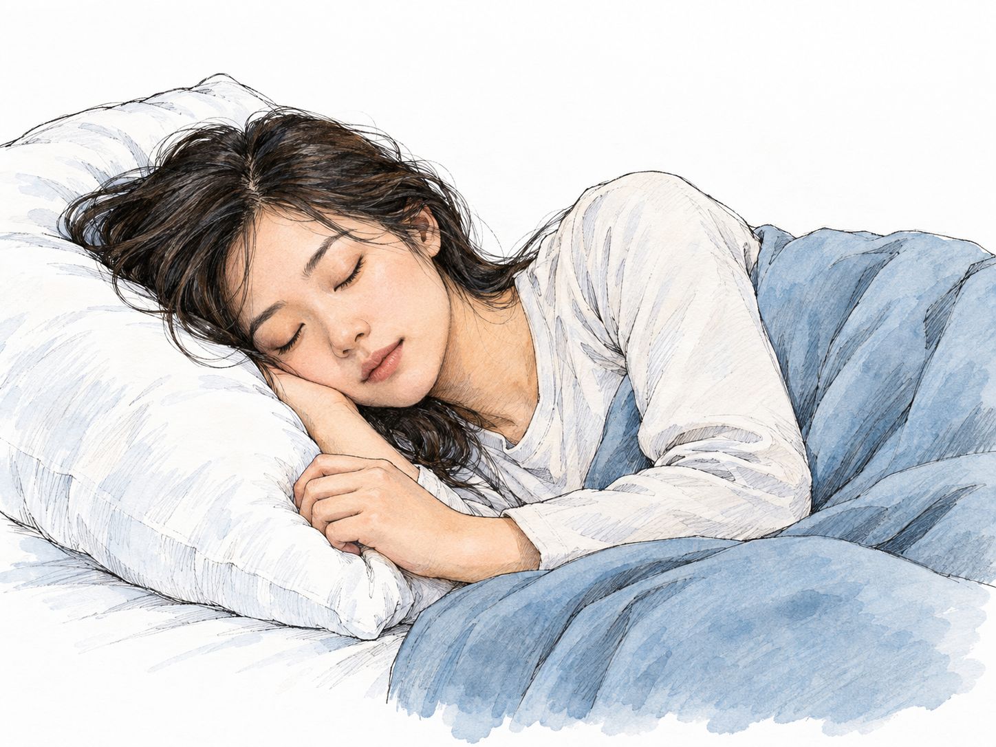 A young woman asleep on her side in bed, eyes gently closed, cheek resting naturally on a pillow and hands relaxed beneath her face.