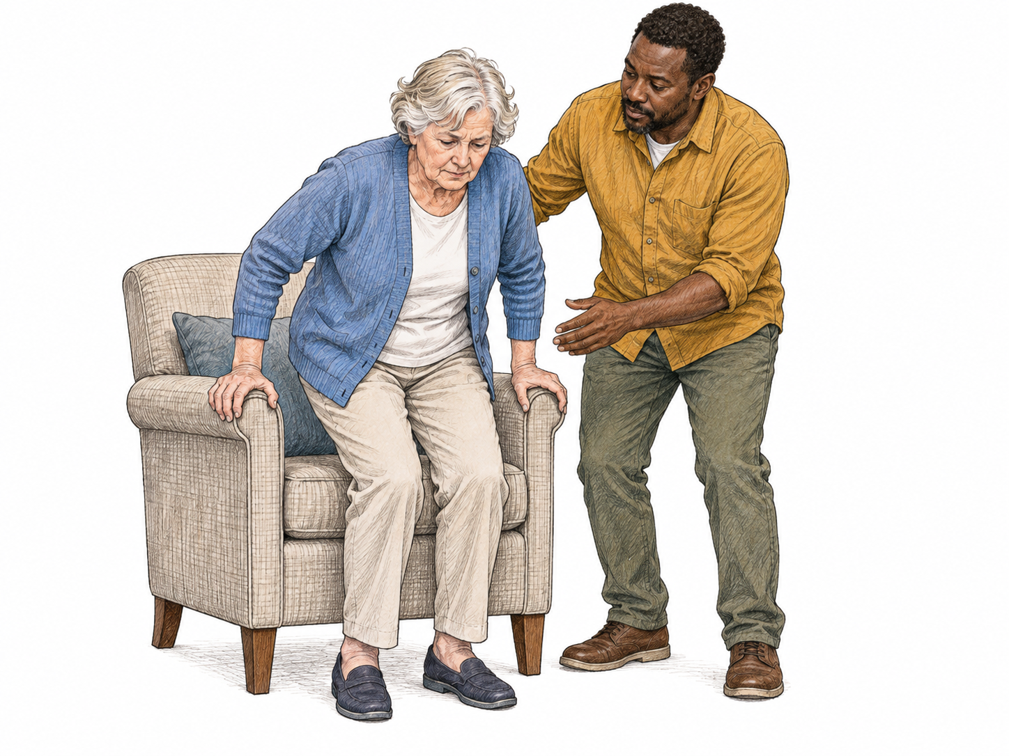 An adult with physical weakness carefully rises from a sturdy armchair using both armrests while a companion stands close ready to help, effort visible without caricature or helplessness.