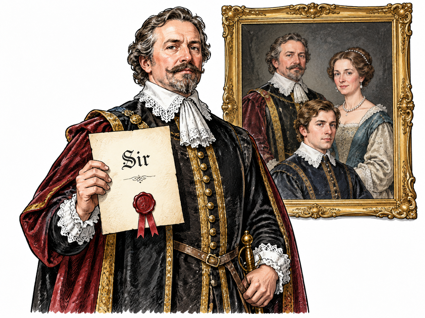 A British baronet in formal early modern dress holds a family document with the essential short title Sir; hereditary family portrait behind, no royal crown.