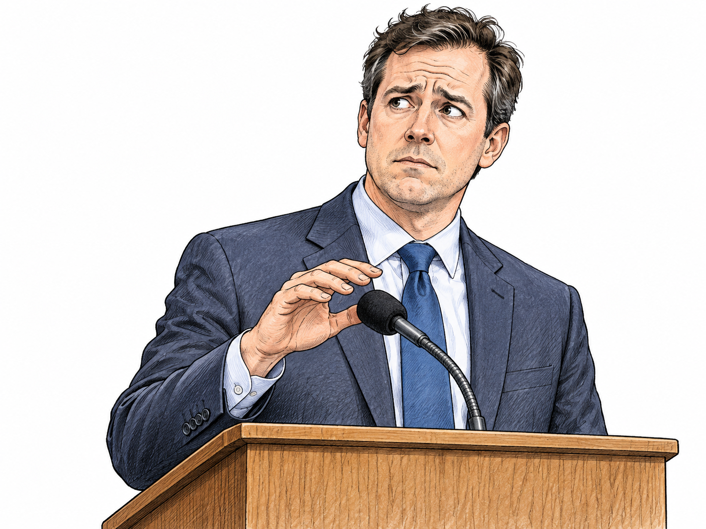 A speaker pauses with a hand hovering above a microphone and an uncertain expression before speaking; no written speech bubbles.