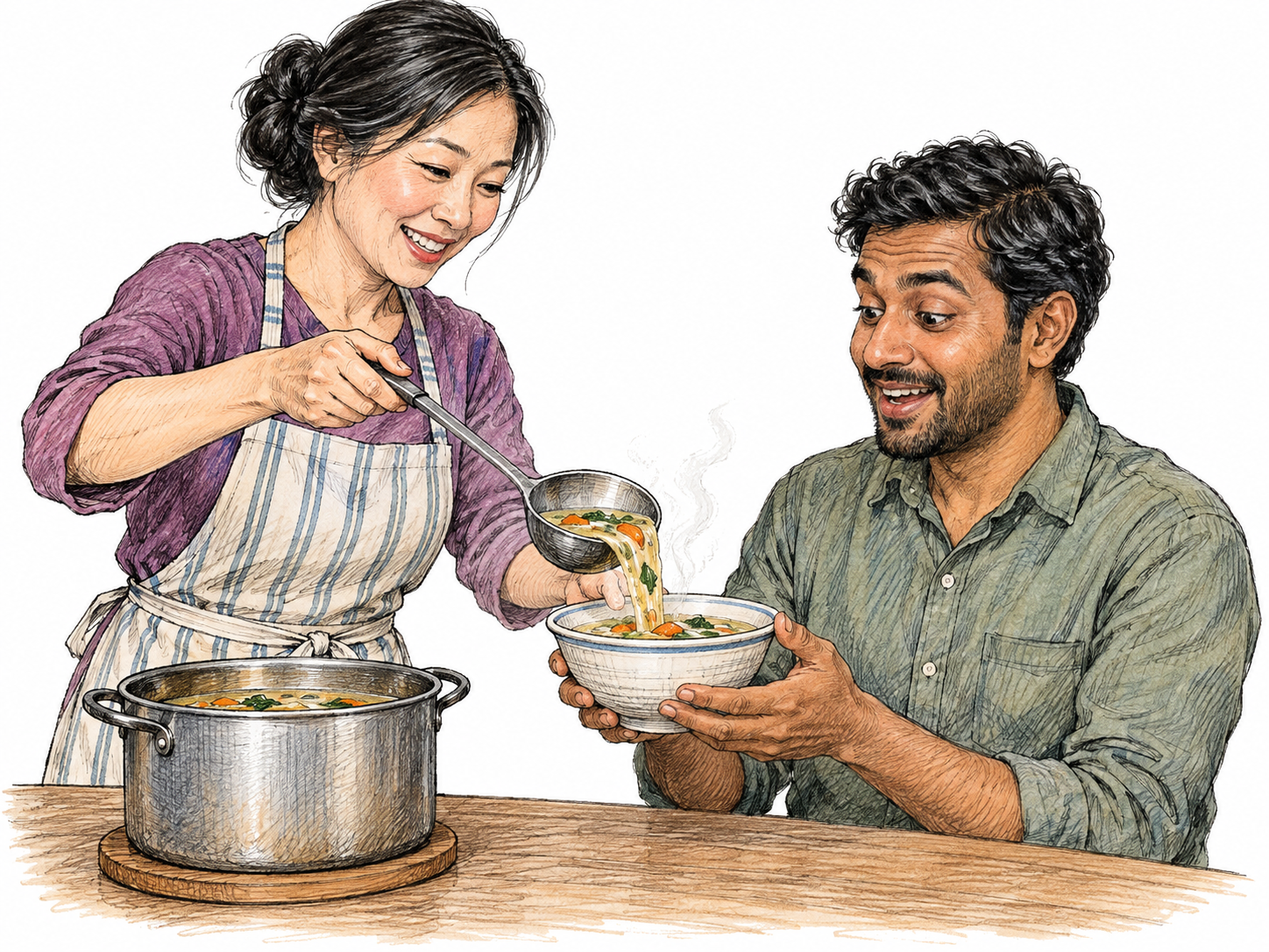 A person serves an unexpectedly ample extra helping of soup into a guest’s bowl, guest pleasantly surprised, small pot and ladle only.