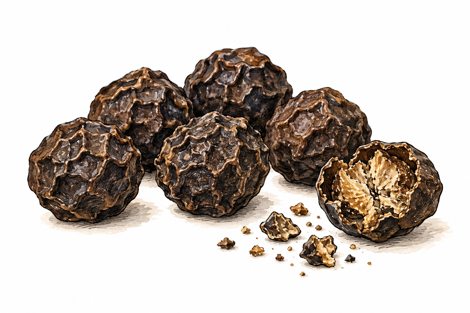 Several dried wrinkled black pepper berries in close-up beside one split berry.