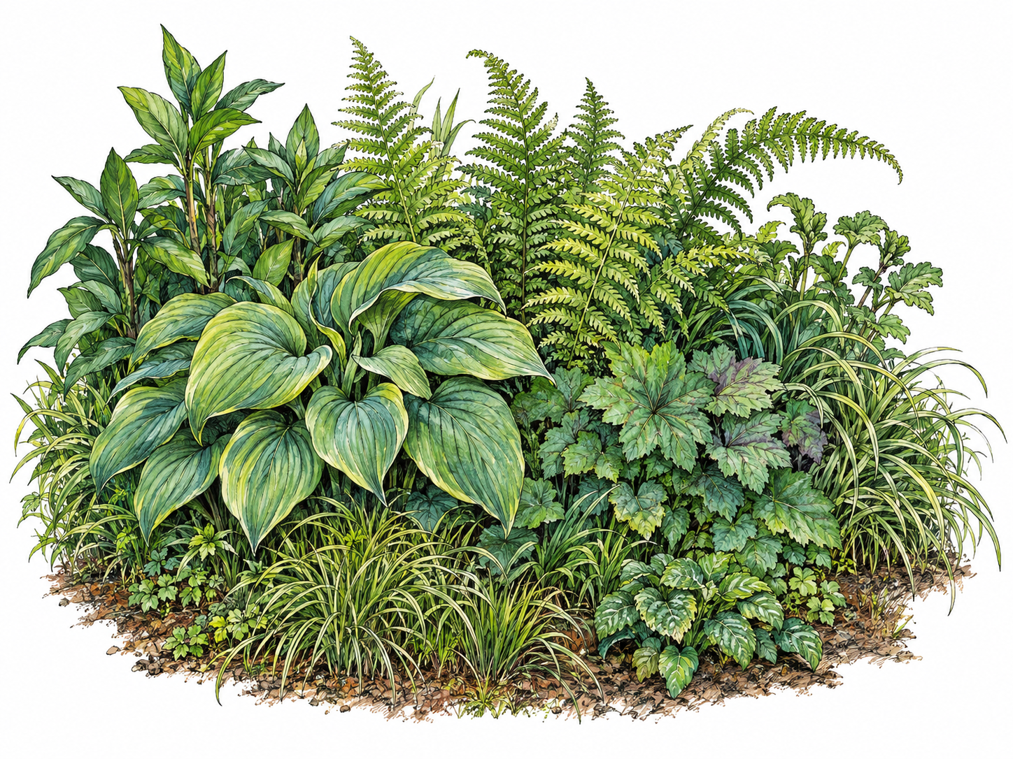 A compact garden patch overflowing with thick, healthy green growth: broad overlapping leaves, abundant fern fronds, and dense soft grass visibly crowd together.