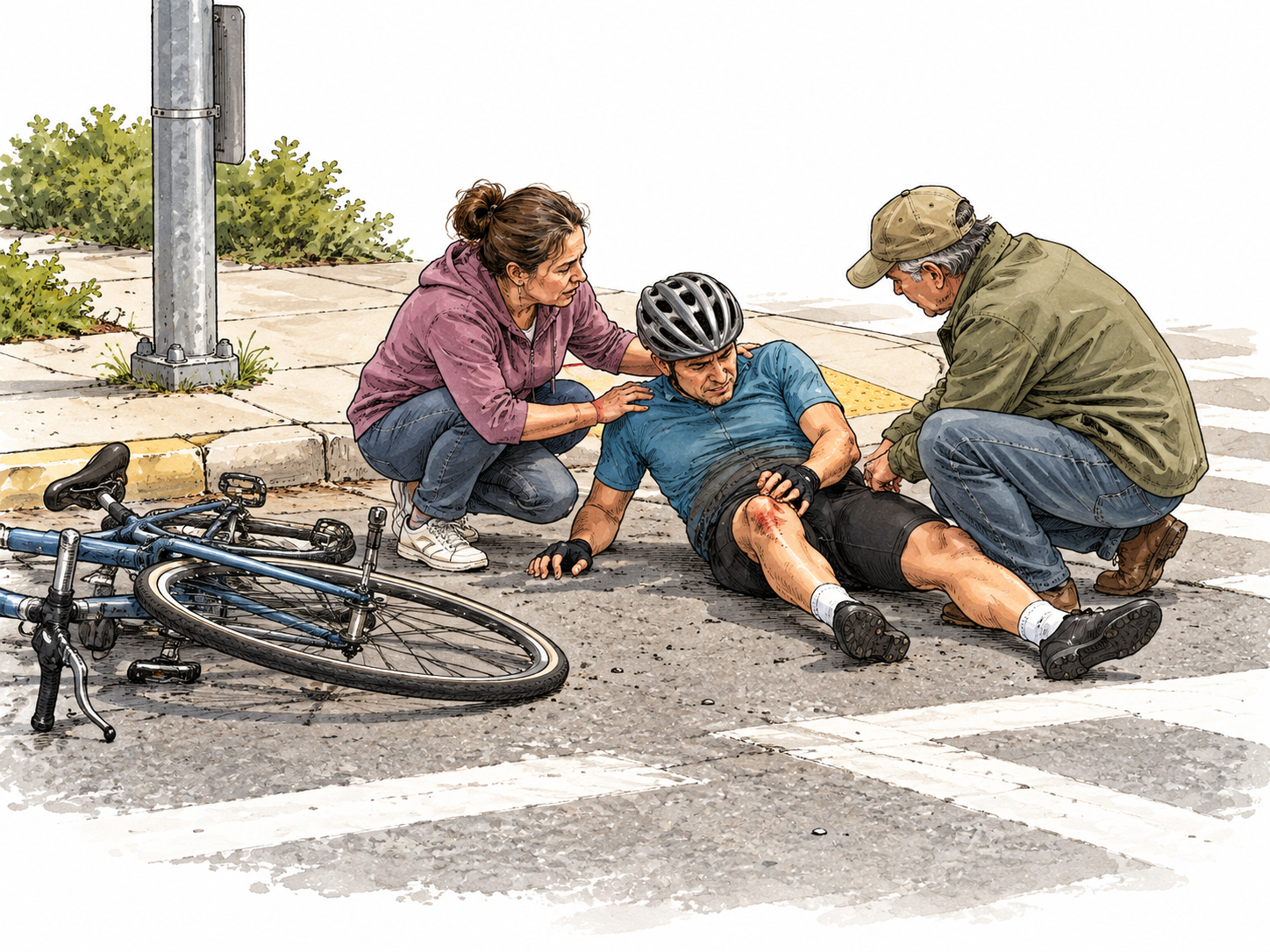 Street corner where bicycle accident occurred, bicycle on ground and people assisting rider.